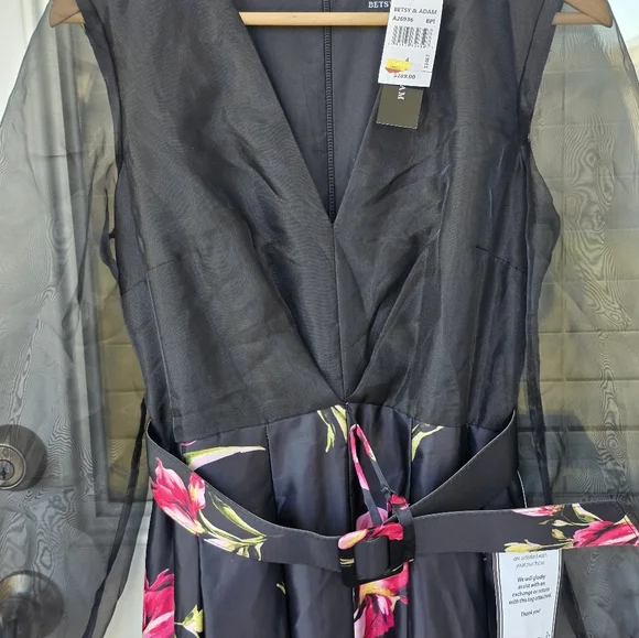 $289 Betsy & Adam Women Organza-Sleeve Floral Belted Gown Sz 4 Old Money - Picture 11 of 16
